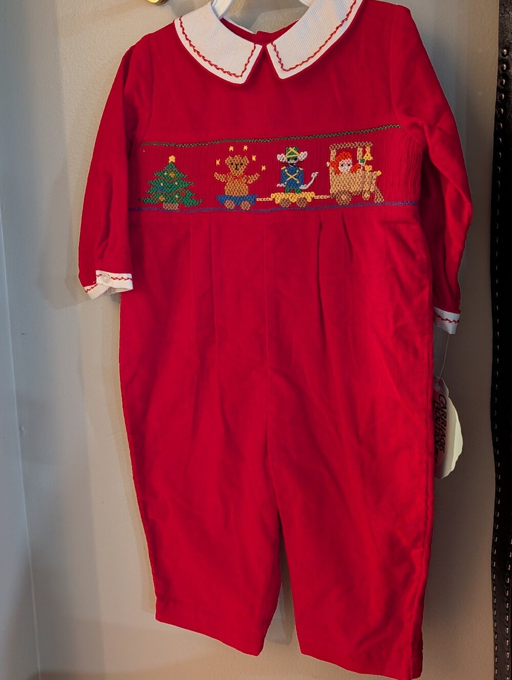 Vintage Red Smocked Holiday Romper with Christmas Motif